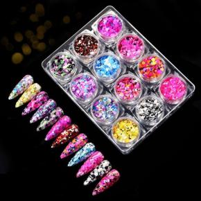 12jars/set Mixed Round Shaped Nail Art Sequins Glitter Flakes TGF06