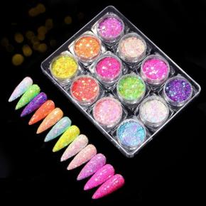 12jars/set Mixed Hexagon Iridescent Nails Glitter Sequins Flakes TGF05