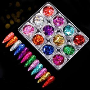 12pcs/set Holographic Mixed Hexagonal Sequin Nail Art Glitter Laser Flake